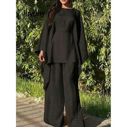 2 Piece Outfits, Oversized Batwing Top & High Waist Wide Leg Pants by JOYPAY