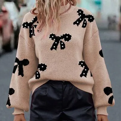 Casual Colorblock Bow Decor Pearl Embellished Sweater by SHEIN