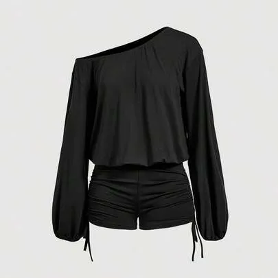 Solid Color Asymmetric Neckline Romper by SHEIN