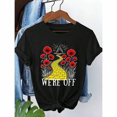 Wizard of oz Yellow Brick Road T-Shirt - Iconic Dorothy & Slippers Design, Short Sleeve Crew Neck Casual Top with Iconic Movie Print by SHEIN