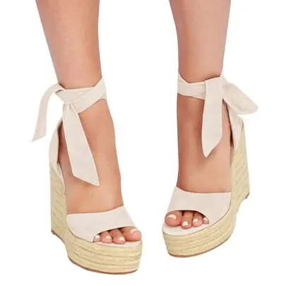 Espadrille Wedge Sandals Open Toe Lace Up Platform Ankle Strap by Coutgo