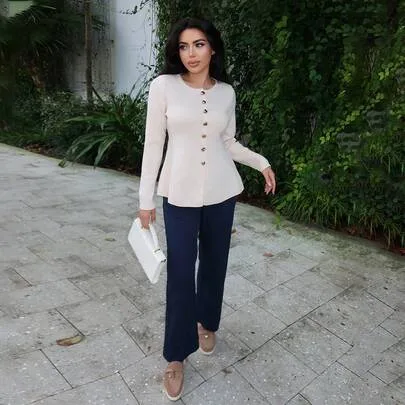 Casual Versatile Minimalist Fitted Crew Neck Long Sleeve Cardigans, Solid Color Round Neck Sleeveless Metal Button Decor by Elavie