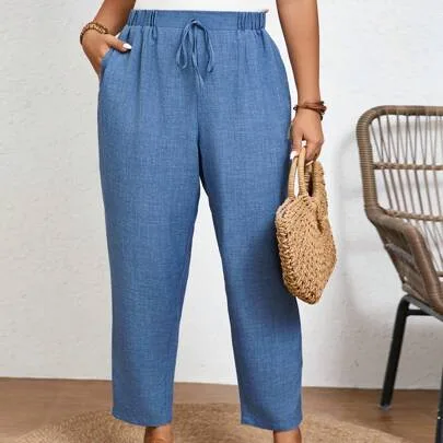 Solid Color Casual Trousers with Elastic Waist and Diagonal Pockets by SHEIN