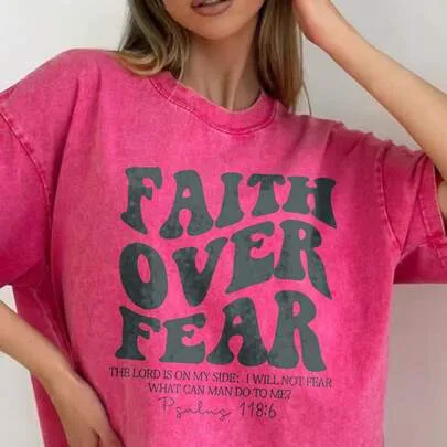 Faith Over Fear Pattern Print 100% Cotton Short Sleeve Graphic Tee by SHEIN