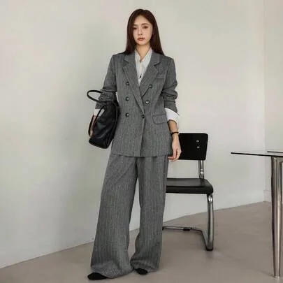 Business Casual Striped Loose Fit Blazer and Straight Leg Pants by DAZY