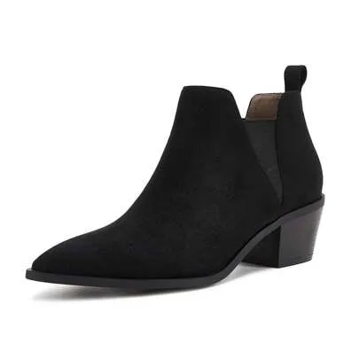 Pointed Toe Ankle Boots Stacked Chunky Heel Slip on Western Low Heel Booties by Coutgo