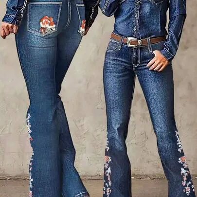 High Waist Flare Jeans, Floral Embroidery Zip Fly Vintage Denim Pants by SHEIN