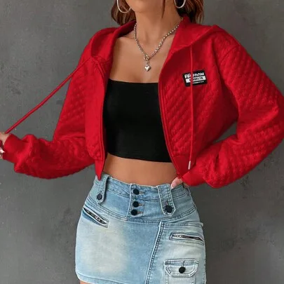 Knitted Diamond Pattern Crop Casual Sweatshirt, Long Sleeve by SHEIN