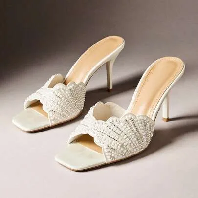 Elegant Pearl Embroidery Satin Slip-On Heeled Sandals by Hauture