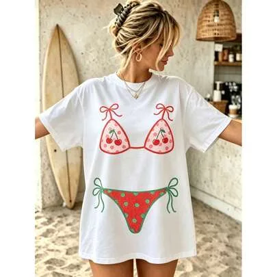 Seashell Bikini Bow Print Oversized T-Shirt by SHEIN