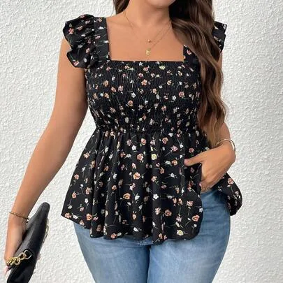 Ditsy Floral Print Square Neck Ruffle Hem Elastic Waist Camisole by Elenzga