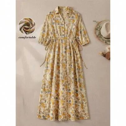 Waist Tie Front Button Ditsy Floral Maxi Casual Dress by SHEIN