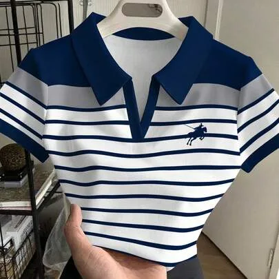Short Polo Shirt with Striped Horse Riding Print Contrast Color Collar by Rovax