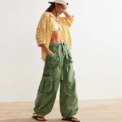 Cargo Pants Low-Rise Wide Leg with Flap Pocket Drawstring Waist by Bohemela