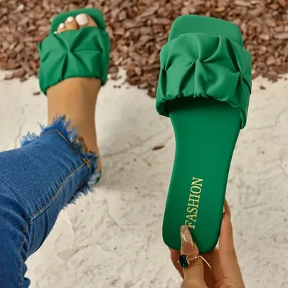 Pleated Open Toe Flat Slide Sandals