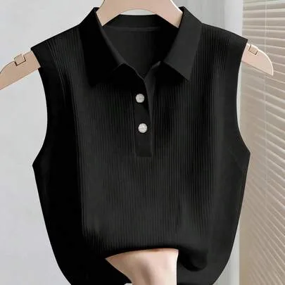 Sleeveless Polo Neck Tank Top