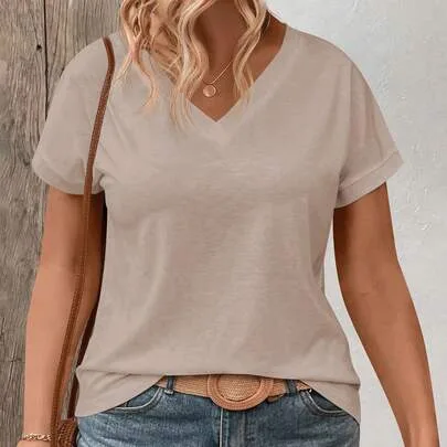 V-Neck Short Sleeve Patchwork Cuff T-Shirt by EMERY ROSE