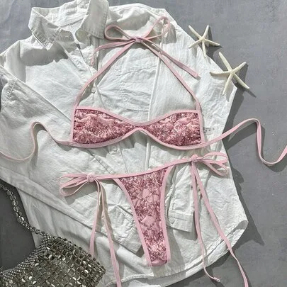 Sequin Textured Fabric Halter Bandeau Top and Side Tie String Thong Bikini Set by Costavie