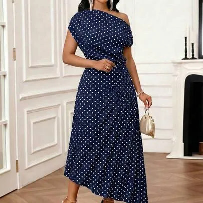 Polka Dot Print Asymmetric Neck Cinched Waist Dress by SHEIN