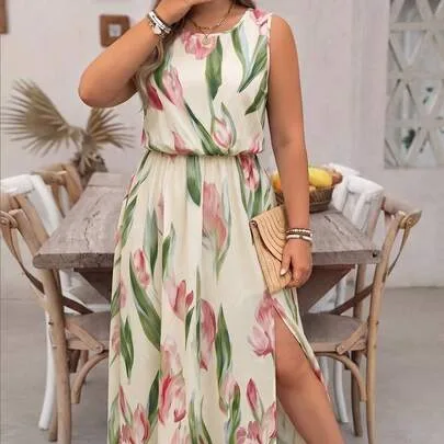 Waist-Cinching Striped Slit Sleeveless Dress by LanaWest CURVE