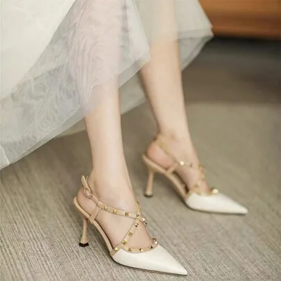 Rivet Slingback Sandals Criss-Cross Straps Pointed Toe Kitten Heels