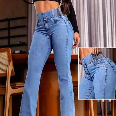 Low-Rise Jeans Elastic Waistband Loose Slanted Pockets by SHEIN