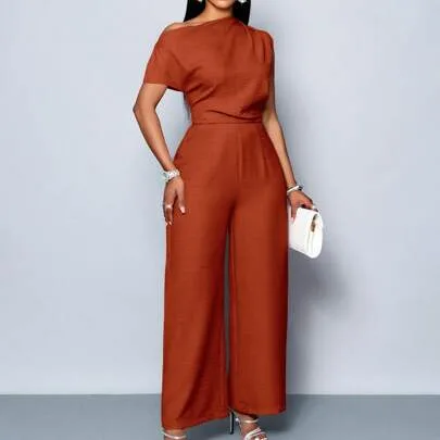 Off-Shoulder Asymmetrical Neckline Pleated Short Sleeve Wide Leg Jumpsuit