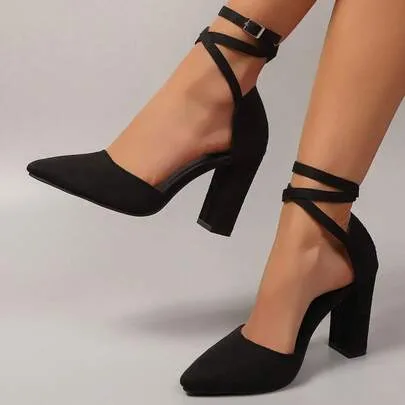 Pointed Toe Criss-Cross Strap One-Buckle Thick Heel Mid-Heel Suede Sandals by SHEIN