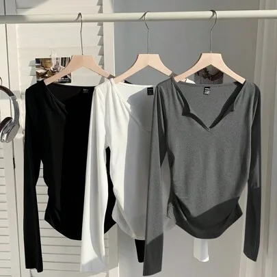 3pcs/Set Multi-Color Long Sleeve Casual Loose T-Shirts by SHEIN