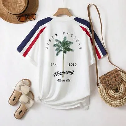 Raglan Sleeve Contrast Color Design American Retro Coconut Tree Print Short Sleeve T-Shirt by SHEIN