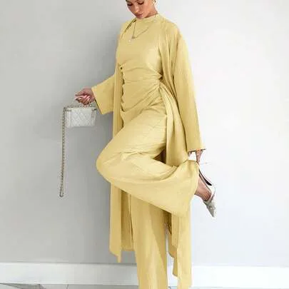 3pcs Solid Color Long Sleeve Blouse, Pleated Top and Wide Leg Pants Set, Classy Linen Outfit by Siren Gaze