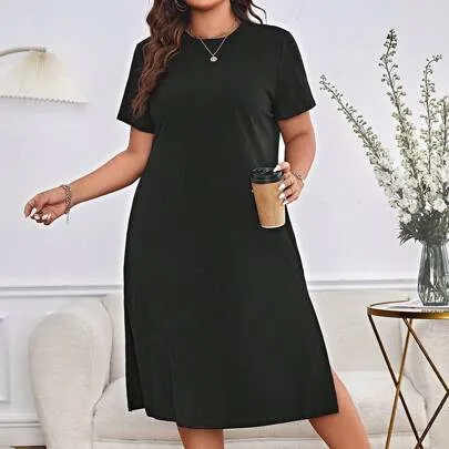 Solid Split Thigh Tee Dress by SHEIN