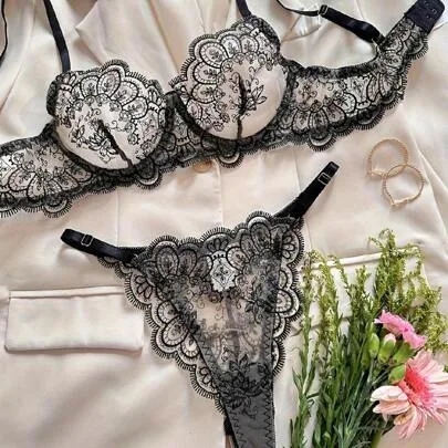 Sexy Lingerie Set, Bra & Panty Set with Floral Embroidery, Mesh Design by ROMWE