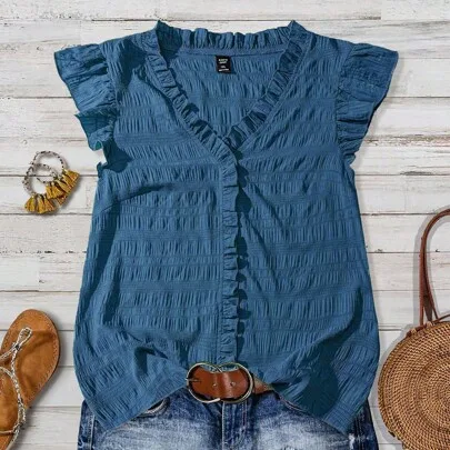 Solid Color Textured Fabric V-Neck Ruffle Trim Small Puff Sleeve Slim Fit Casual Regular Blouse by SHEIN