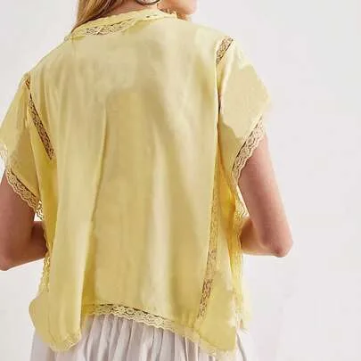 Satin Lace Patchwork Tie Front Shirt Top Y2k Short Sleeve V Neck Button Down Boho Flowy Peplum by SHEIN