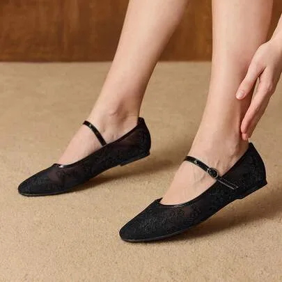 Velvet Floral Embroidery Buckle Strap Flats by MOTF