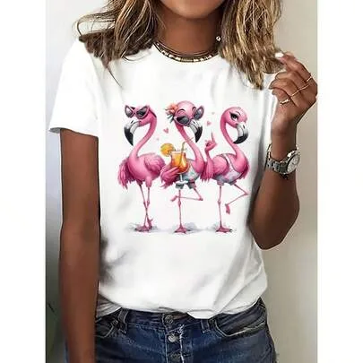 Y2K Tropical Flamingo Print T-Shirt - Short Sleeve Round Neck Top, Lightweight Elastane Blend by SHEIN