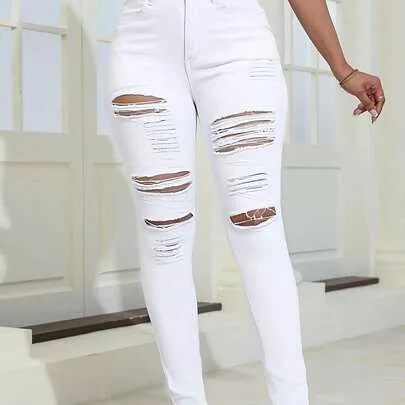 Ripped Skinny Denim Jeans, Medium Stretch Flakes Detail by SHEIN