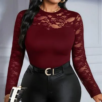 Long Sleeve Lace Mesh Contrast Knitted Round Neck T-Shirt by SHEIN