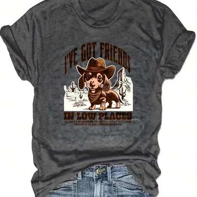 Crew Neck T-Shirt Funny Dachshund Graphic Print Tee Lightweight Breathable Casual Short Sleeve Top by SHEIN