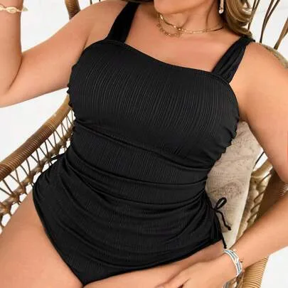 2pcs Solid Color Camisole Bikini Tank Top with Adjustable Strap & Ruched Shorts by Swim Lushoire