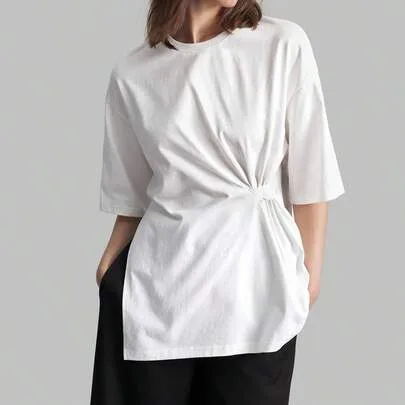 Knitted Fabric Twist Design Round Neck Drop Sleeves T-Shirt by Ontre