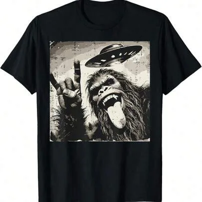 Big-Foot Rocker Tongue Ufo Selfie Sasquatch Rock T-Shirt Graphic Cotton by SHEIN