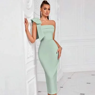 One Shoulder Solid Color Bowknot Decor Strapless Slit Backless Midi Cocktail Party Prom Dress by Elisanya