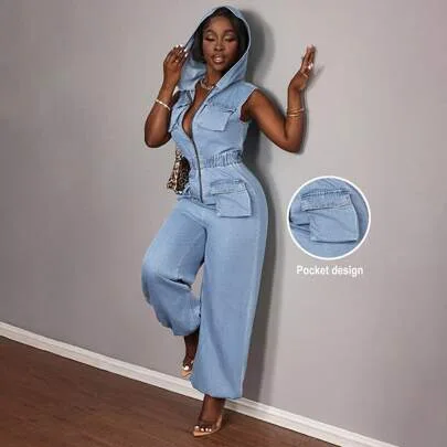 Denim Jumpsuits Fitted Hooded Cargo Pockets Jumpsuit by SHEIN