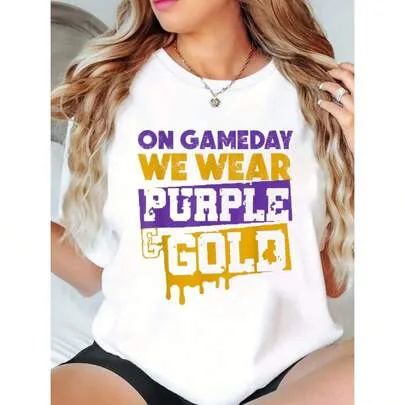 On Gameday Football We Wear Purple and Gold Leopard T-Shirt, Casual Crew Neck Short Sleeve Comfort Tee by SHEIN