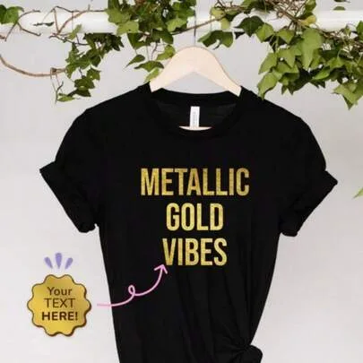 Custom Gold Text Shirt, Gold Print TShirt, Metallic Gold Top by SHEIN