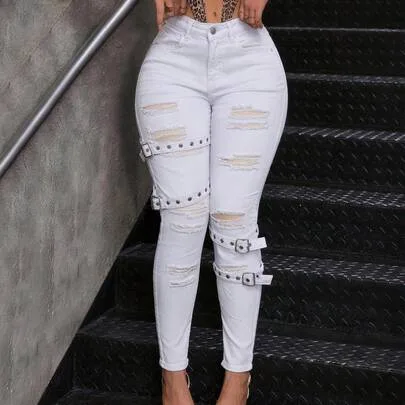 High Waisted Ripped Skinny Jeans Distressed Denim Pants by SHEIN