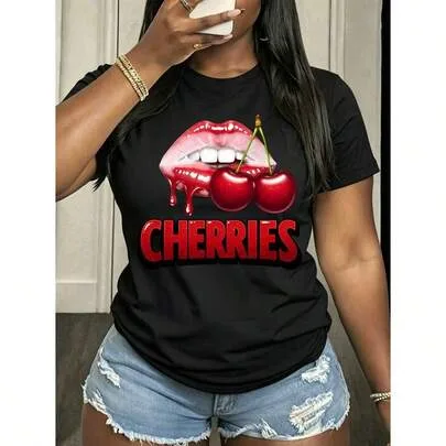 Cherries Bloody Lip Crewneck T-Shirt 100% Pure Cotton Regular Fit by SHEIN