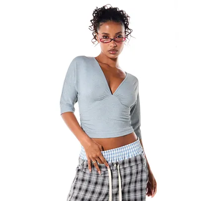V-Neck Open Back Ruched Crop Top with Elbow Length Sleeves Knit by SUMWON
